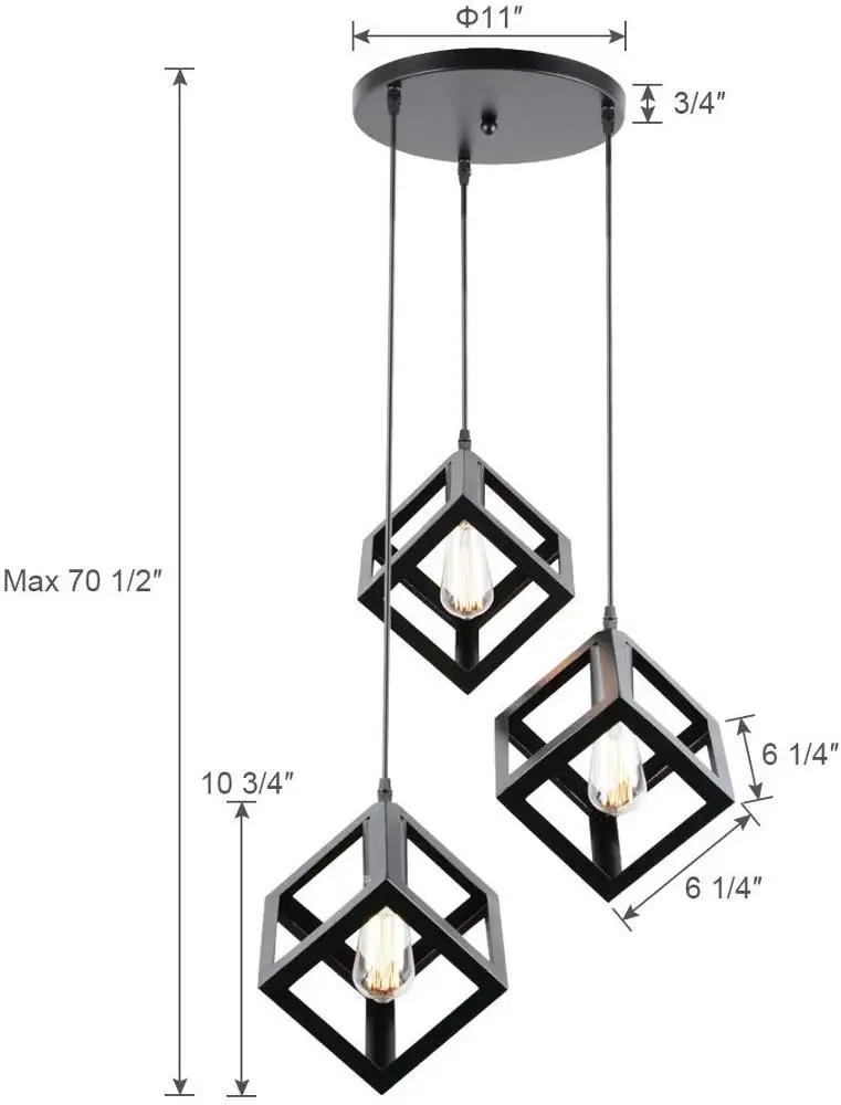 Black Metal Square Shade Industrial 3-Light Pendant Lighting