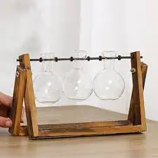 BULB VASE FLOWER Plant Terrarium with Wooden Stand, Air Planter Bulb Glass Vase Metal Swivel Holder Retro Tabletop