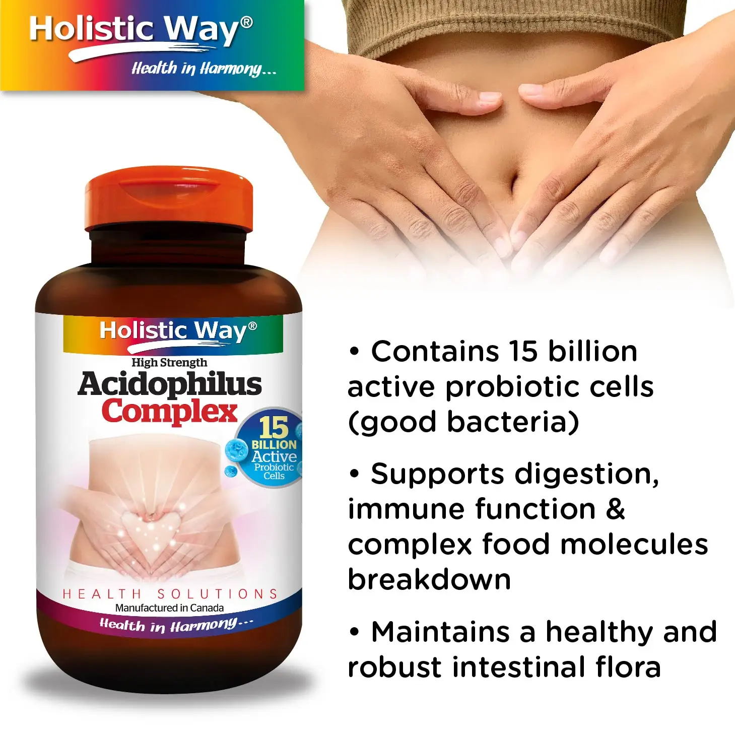 Holistic Way Acidophilus Complex 15 Billion (30 Vegetarian Capsules) Improve Gastrointestinal Healthcare Supplement