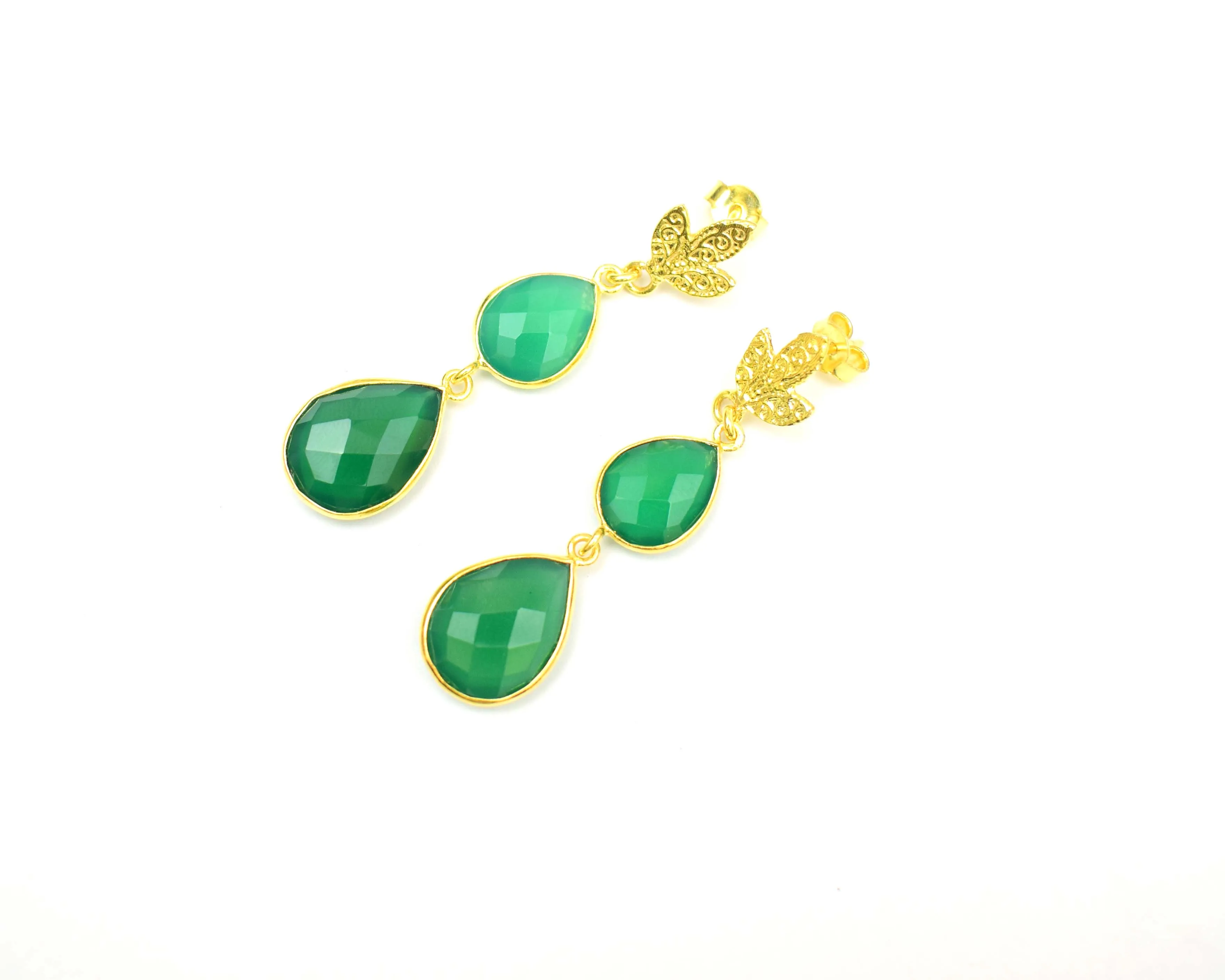 Green Onyx Gemstone Double Stone Earring Set Pear Shape Gold Plated Bezel Connector Stud Weddings Gifts Engagements Made Copper
