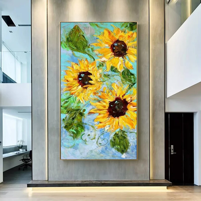 Home Restaurant Decoration Vertical Yellow Painting Large Size Pure Hand-Painted Sunflower Oil Painting