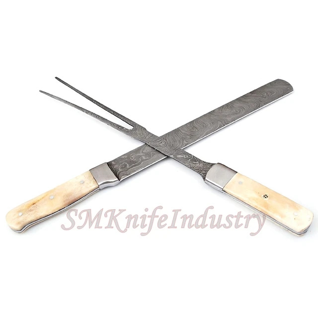 02-Piece Custom Hand Forged Damascus Chef BBQ Knives Fork Set High Quality Steel Kitchen Knife Sharp Features Boning Material