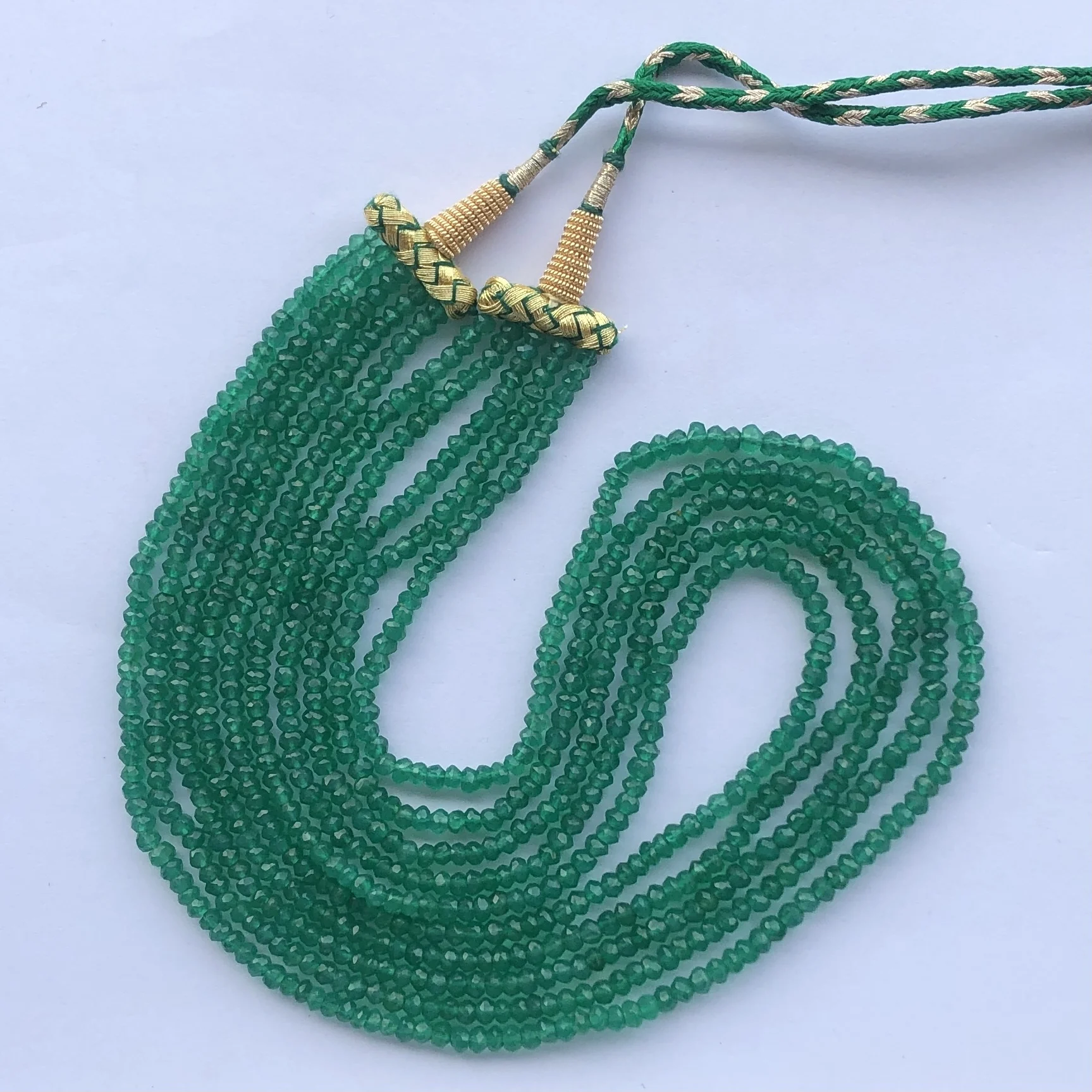 Semi Precious - Natural Emerald Green Onyx Stone Faceted Rondelle 5 Strand Beaded Gemstone Necklace at Wholesale Factory Price