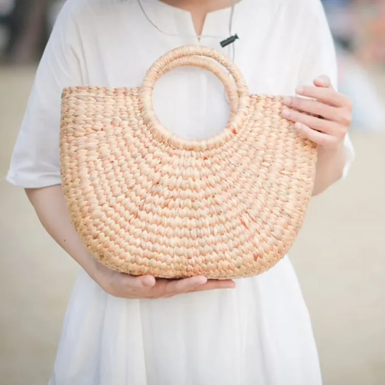 Women Round Handle Ring Retro Summer Beach Straw Bag, Hand-woven Straw Bag in Vietnam Wholesale