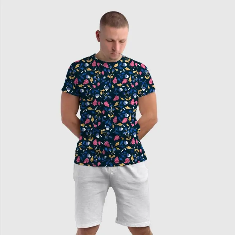 Hawaii Flower Pattern Printed 100% Cotton Short Sleeve T-Shirt O-Neck High Street Style 180gsm Jersey Fabric