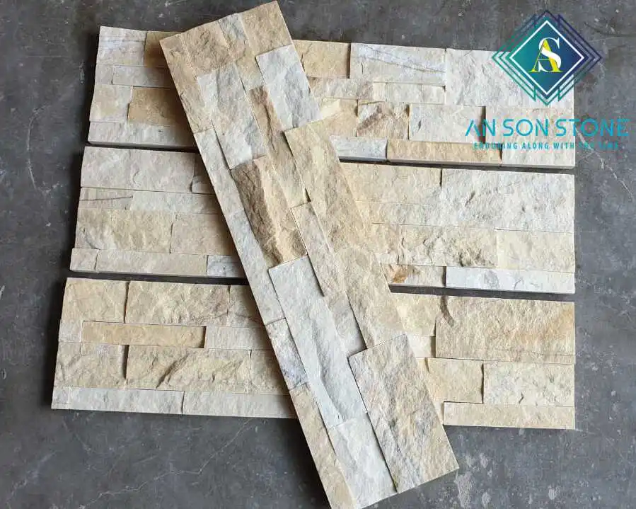 Beige Decorative Exterior Interior Veneer Panel Slate Split Face Tiles Stacked Stone Wall Cladding - Vietnam natural stone