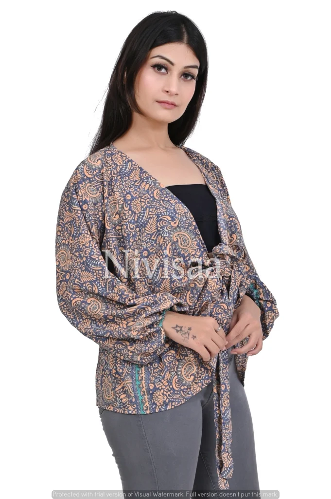 Hot Selling Beautiful Bohemian Printed Viscose Silk Top Robe Closure Custom Long Sleeves Top for Women and Girls