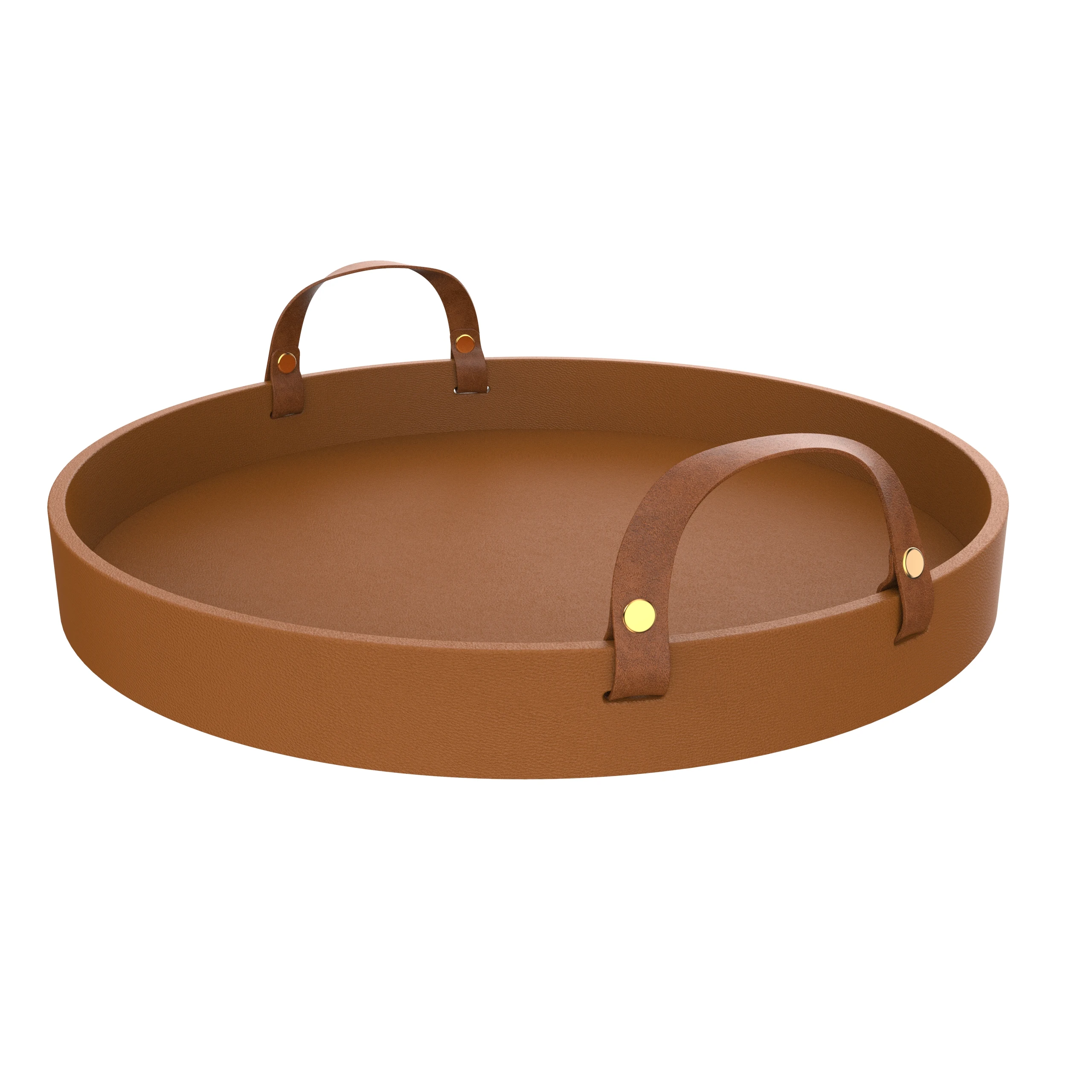 New Manufacturer Design Brown Round Shape Pu Leather Tray Wooden Tray For Restaurant Water Drink Serving with Leather Handle With SABER Certificate