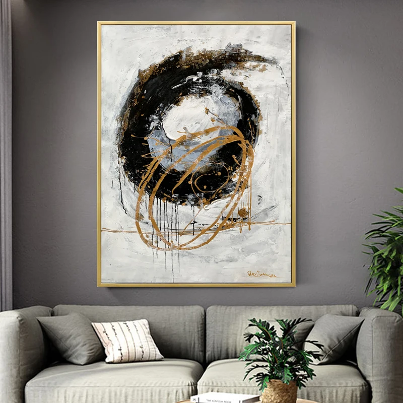  Hot Sale Modern Abstract Black and White scenery with golden foil handmade wall art Oil Painting for Living