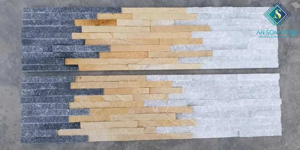  Natural color quartz BLACK MIXED WHITE AND YELLOW stone wall panel from VietNam Stone