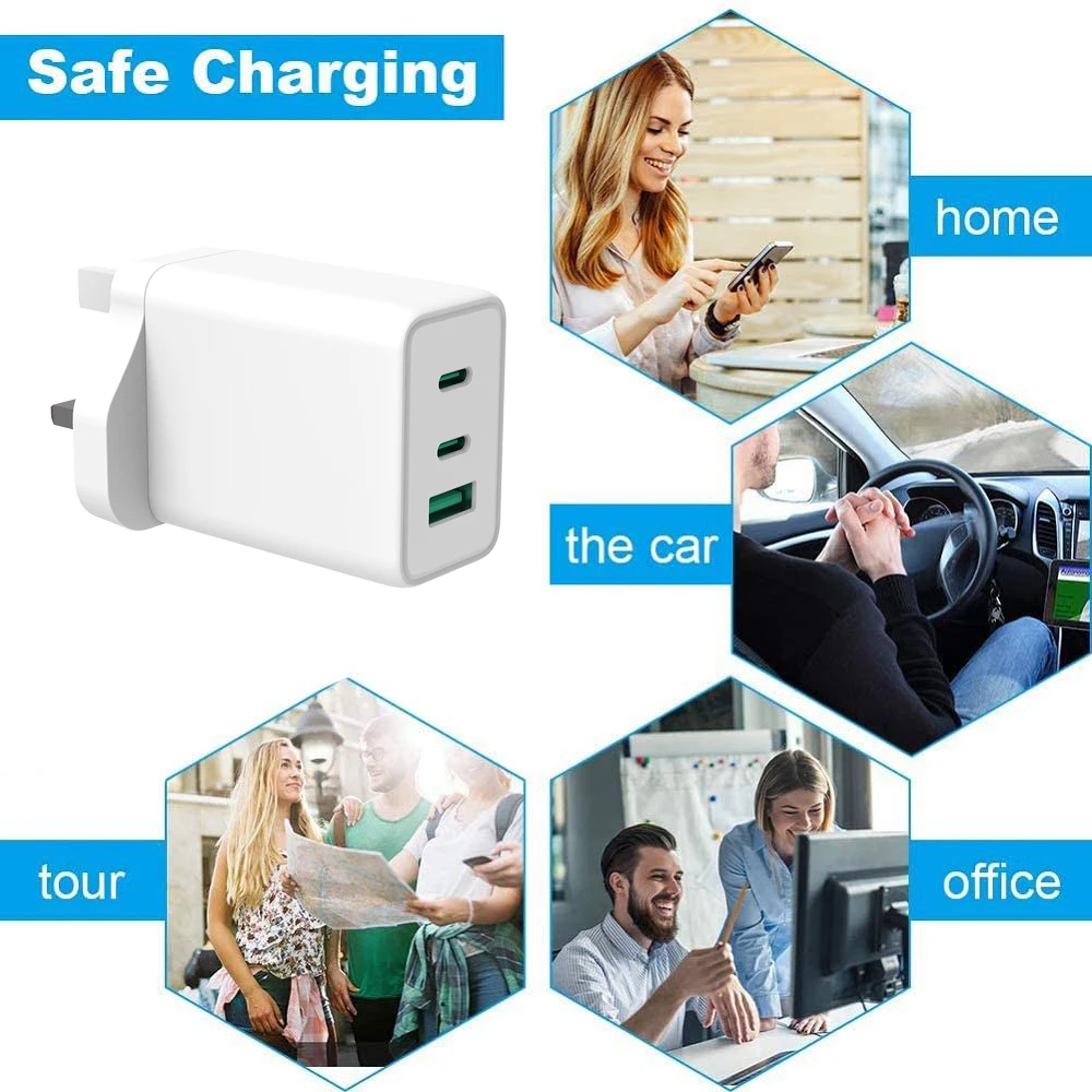 65W Fast Qc 3.0 Pd 3.0 usb type-c wall UK Plug  3 Ports port high power Charger Adapter  for Cell phone Tablet