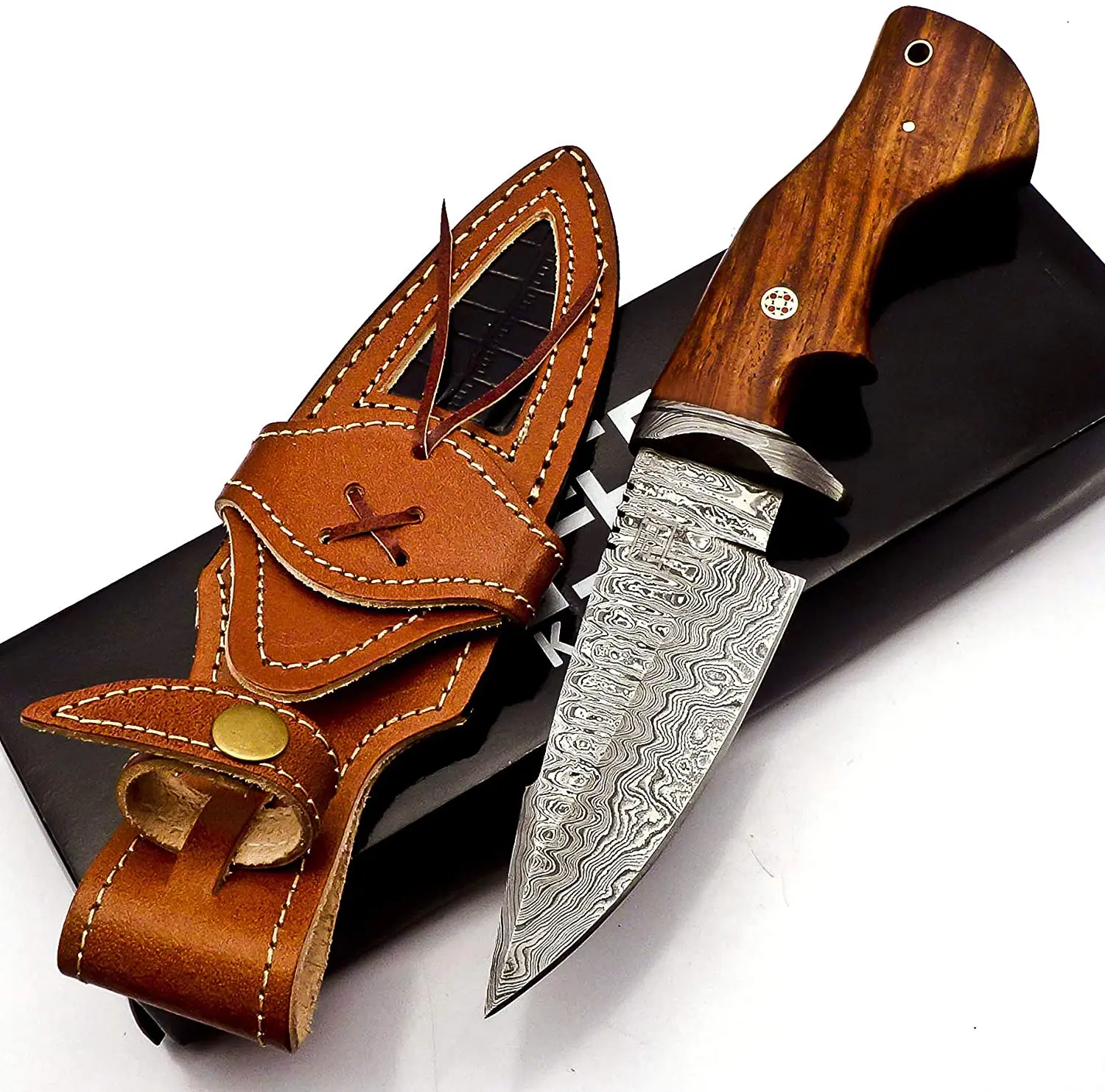 
Damascus knife Handmade Hunting Knife with Sheath Fixed blade knife Non-Slip walnut wood Handle 