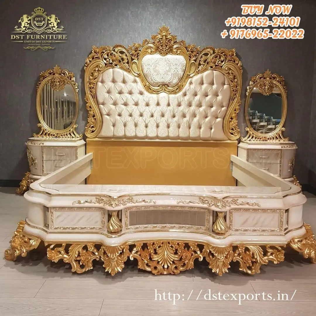 Королевская Резная Кровать во французском стиле роскошная большого размера с бриллиантами и боковыми столами Королевский резной комплект кровати серебряной