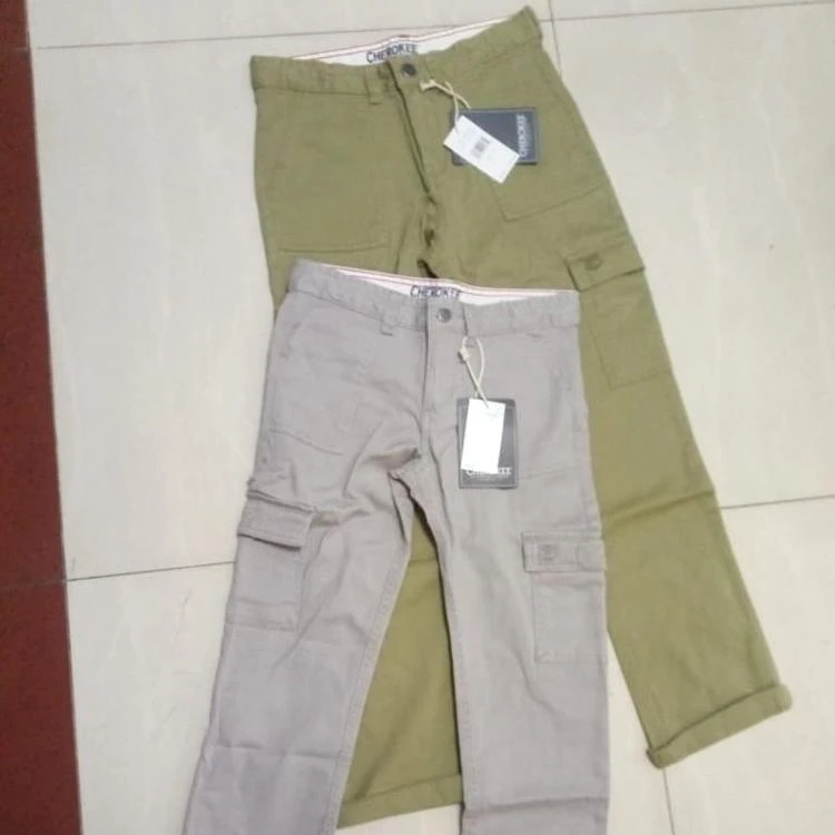 Leftover,Overrun Apparels Brand Labels Teenager Boys Kids Chino Cargo Pant Casual Cotton Multi Pocket Trouser Bangladesh Stock