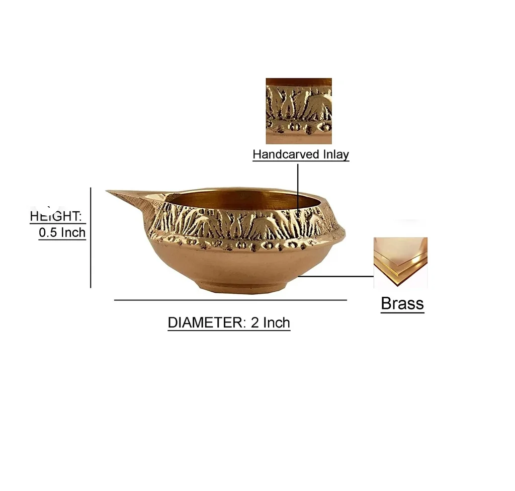 Indian Puja Brass Oil Lamp Golden Diya Lamp Engraved Design Dia - 2.5 Inch for diwali house mandir traditional at best price