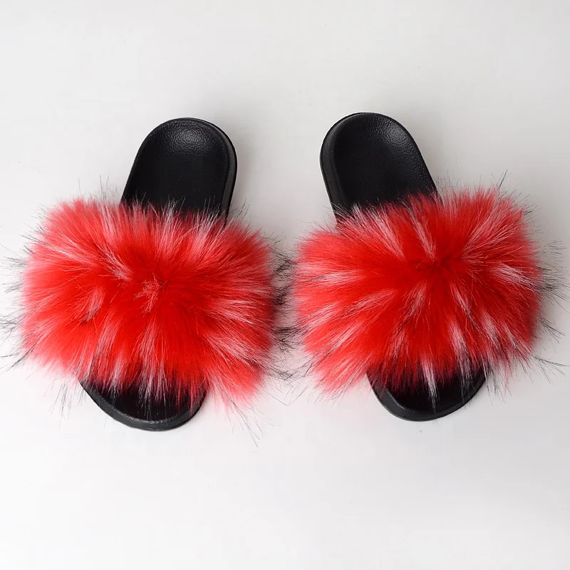 QIUCHEN OEM ODM New Arrival  EVA sole quality faux fur raccoon fox slippers