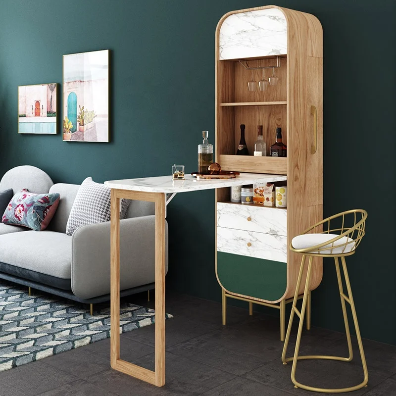 Jasiway Classic Style Marble Panel Home Furniture Modern Foldable Living Room Wine Wood Bar Counter