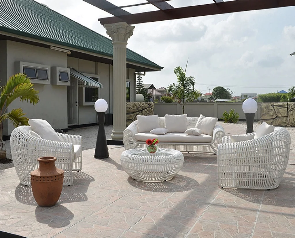 
Hottest luxury modern styles wicker poly outdoor durable synthetic P.E rattan white living sofa set furniture for resort 