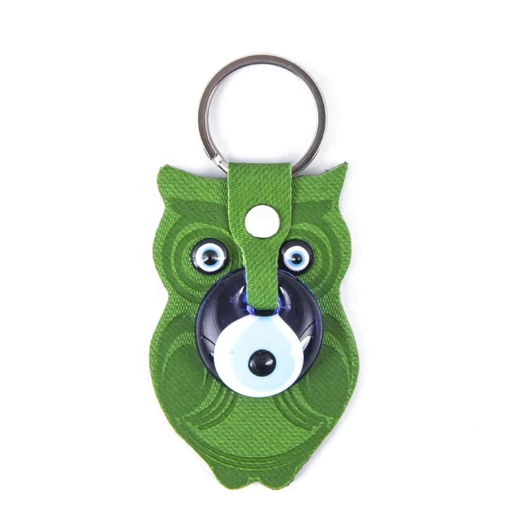 Owl Shaped Evil Eye Beaded Imitation Leather Key Chain From Turkey