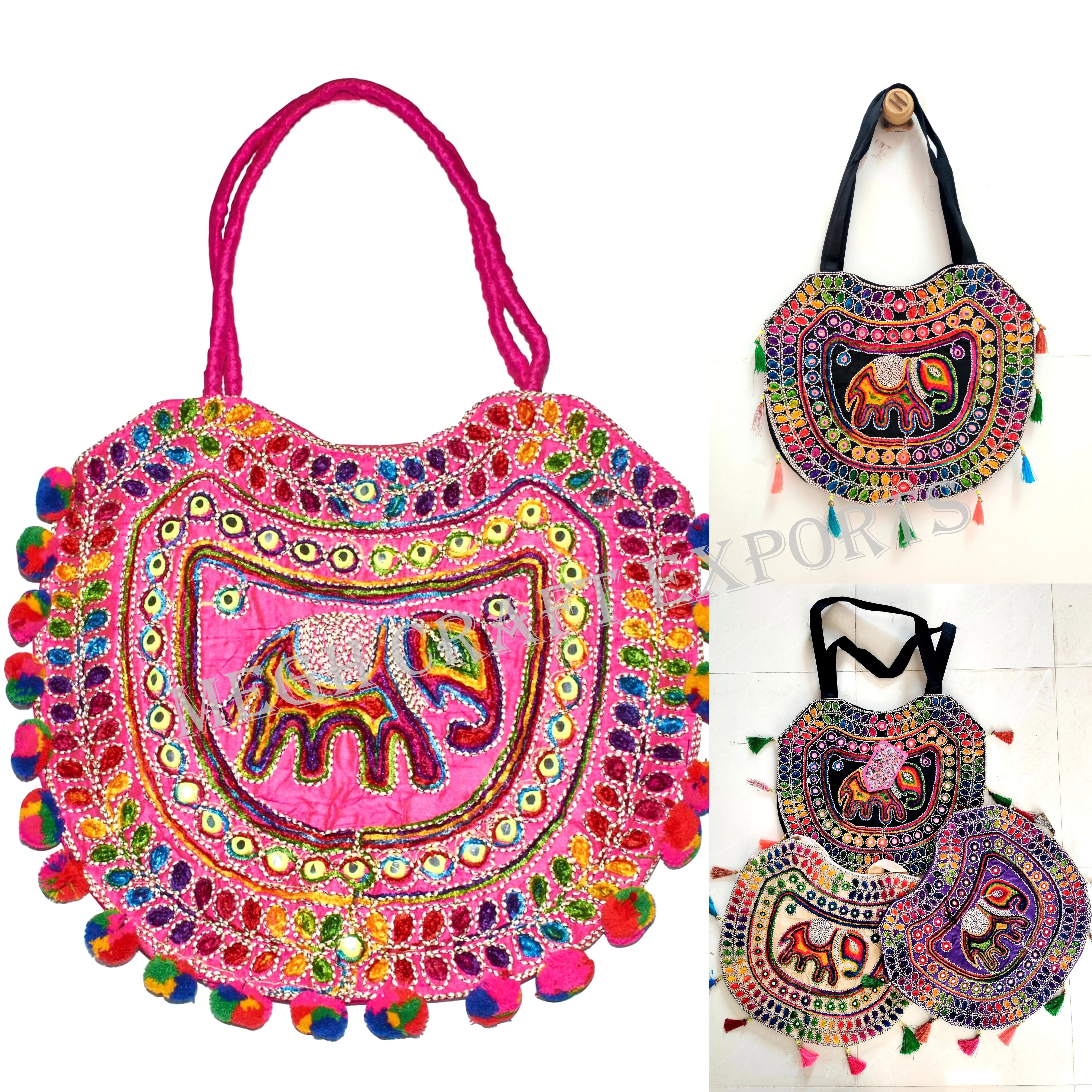 Indian traditional handbags -Bulk wholesale Indian jhola bags - Elephant style Cross shoulder bags - Round shape shoulder bag
