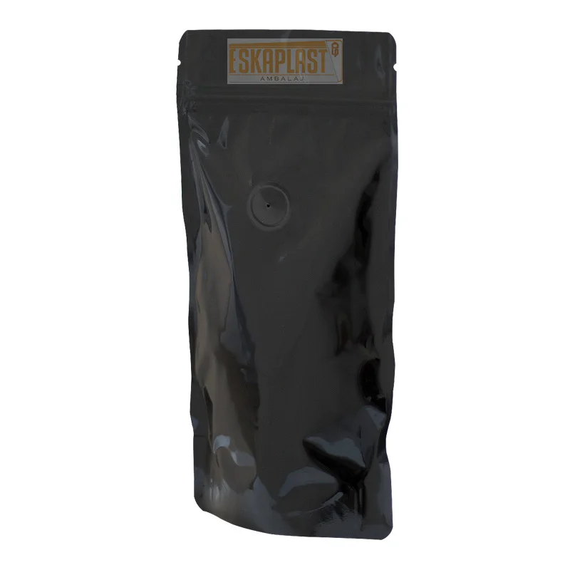 Glossy Black Aluminum Doypack with Valve  Package Stand Up Pouch/Aluminum Foil Packaging Zip Lock Bag/Doypack Mylar Storage Food
