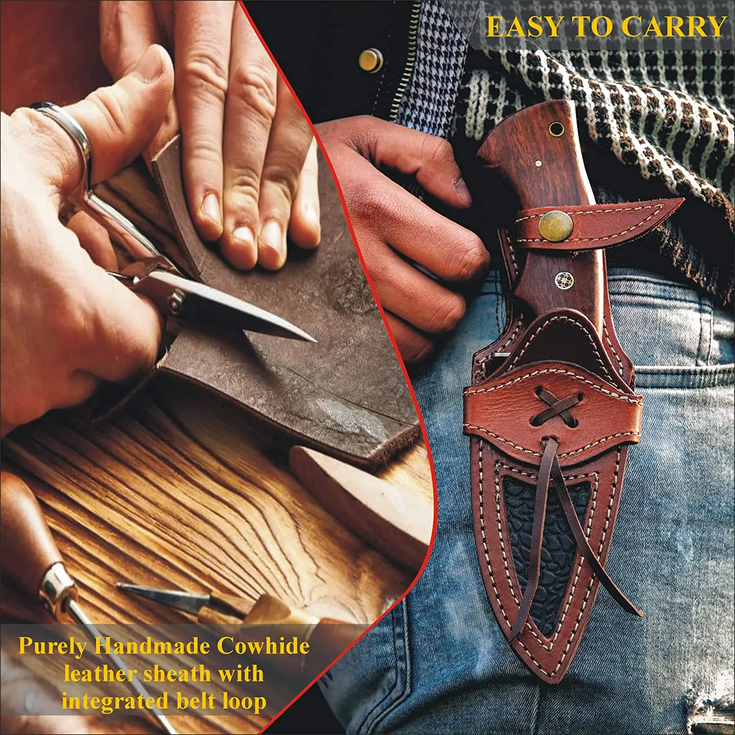 
Damascus knife Handmade Hunting Knife with Sheath Fixed blade knife Non-Slip walnut wood Handle 