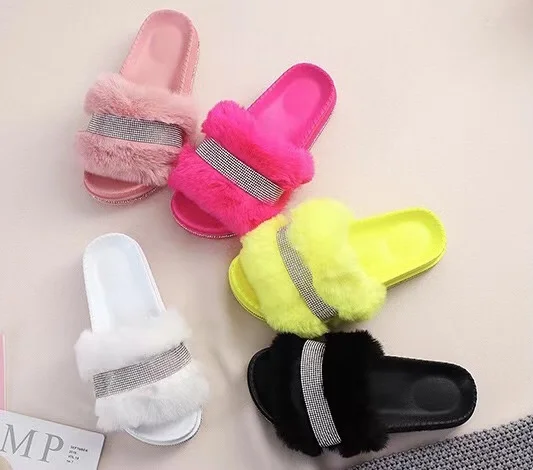 2021 Custom Fashion Soft Fluffy fox Fur slippers for Women Fur Slide for Women Custom logo Available