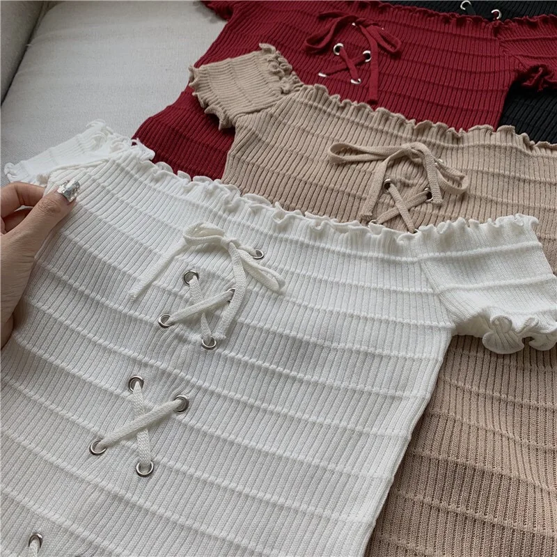 2020 Wholesale New Design Women Fashion Off-Shoulder Top Ladies Casual Short Sleeve Knitted Blouse