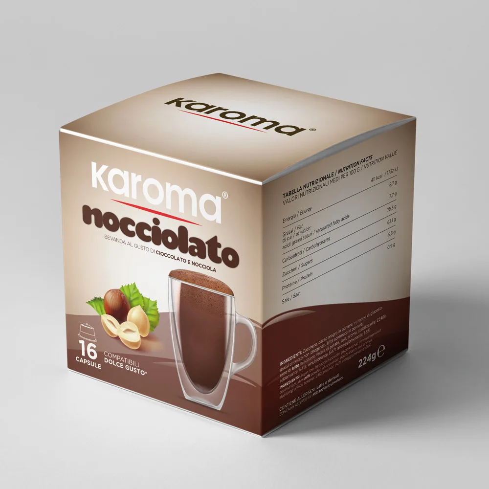 Italian KAROMA NOCCIOLATO (Chocolate and Hazelnut) Capsules DOLCE GUSTO Instant Coffee Drink PRIVATE LABEL (OEM)