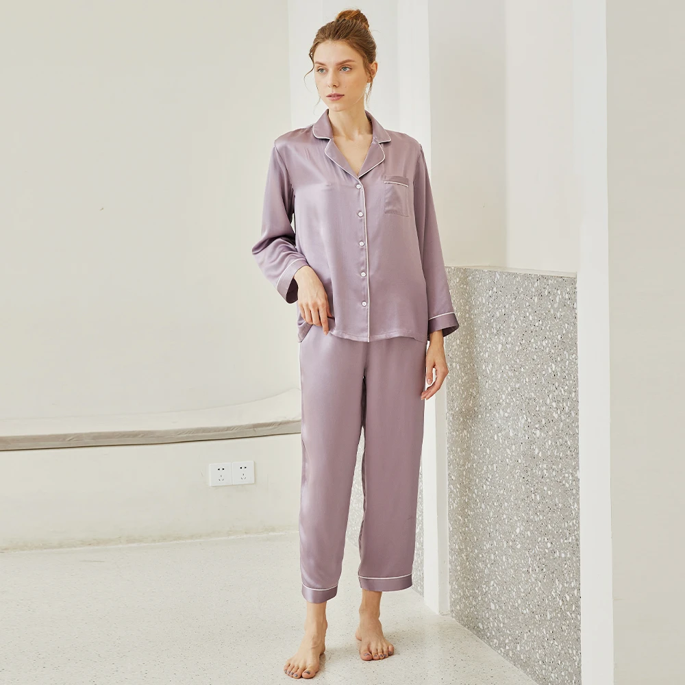 16MM-22MM Wholesale Long Sleeve 100% Pure Silk Pajamas 2 Piece Sets Mulberry Silk Pajamas Women