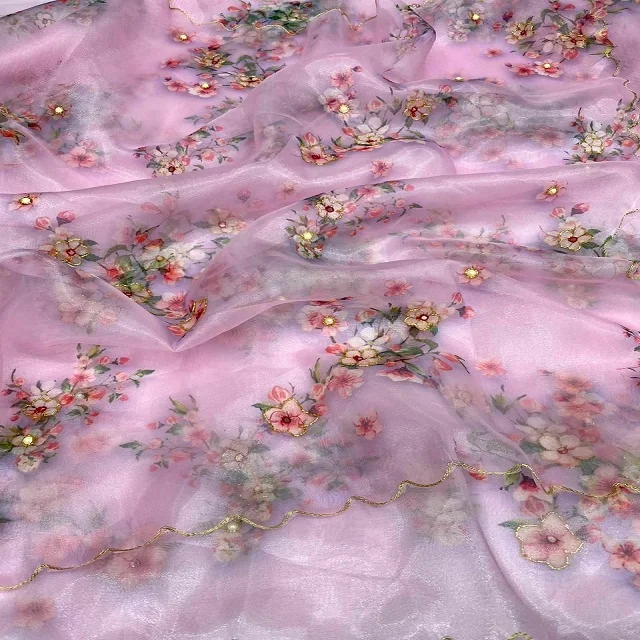 Womens Pure Organza Silk Hand Embroidery Khatli Work Digital Printed Exclusive Saree