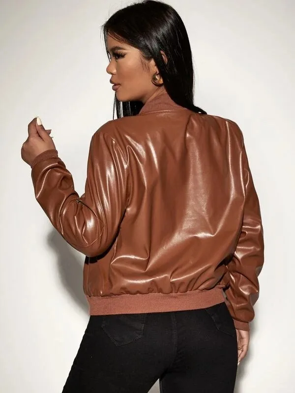 High Quality Zipper Customized Solid Brown Full Sleeved Drop Shoulder 100 % Leather Jacket For Woman