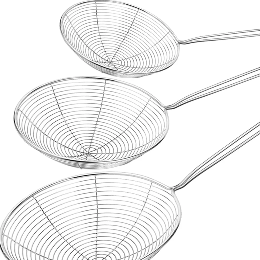 stainless steel set of 3 strainer skimmer spoon for frying and cooking wire pasta strainer with long handle