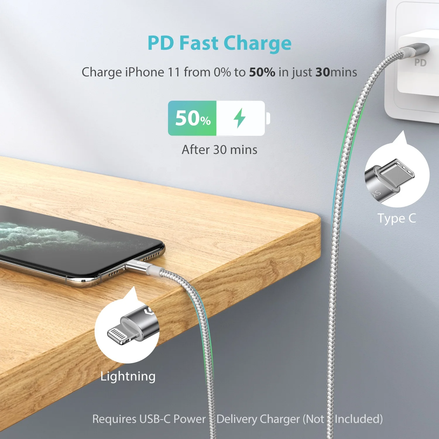 Кабель Syncwire с USB C на Lightning для iPhone серебристый 2