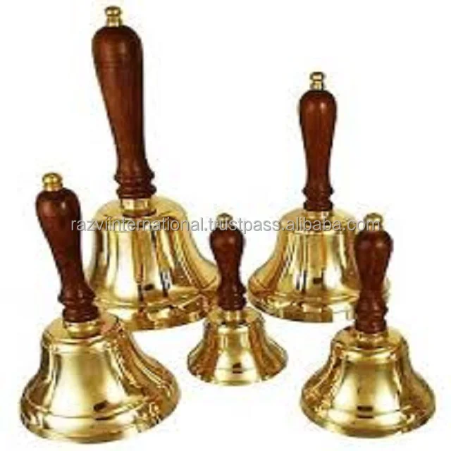 Metal brass shiny polished hand held bell wooden handle