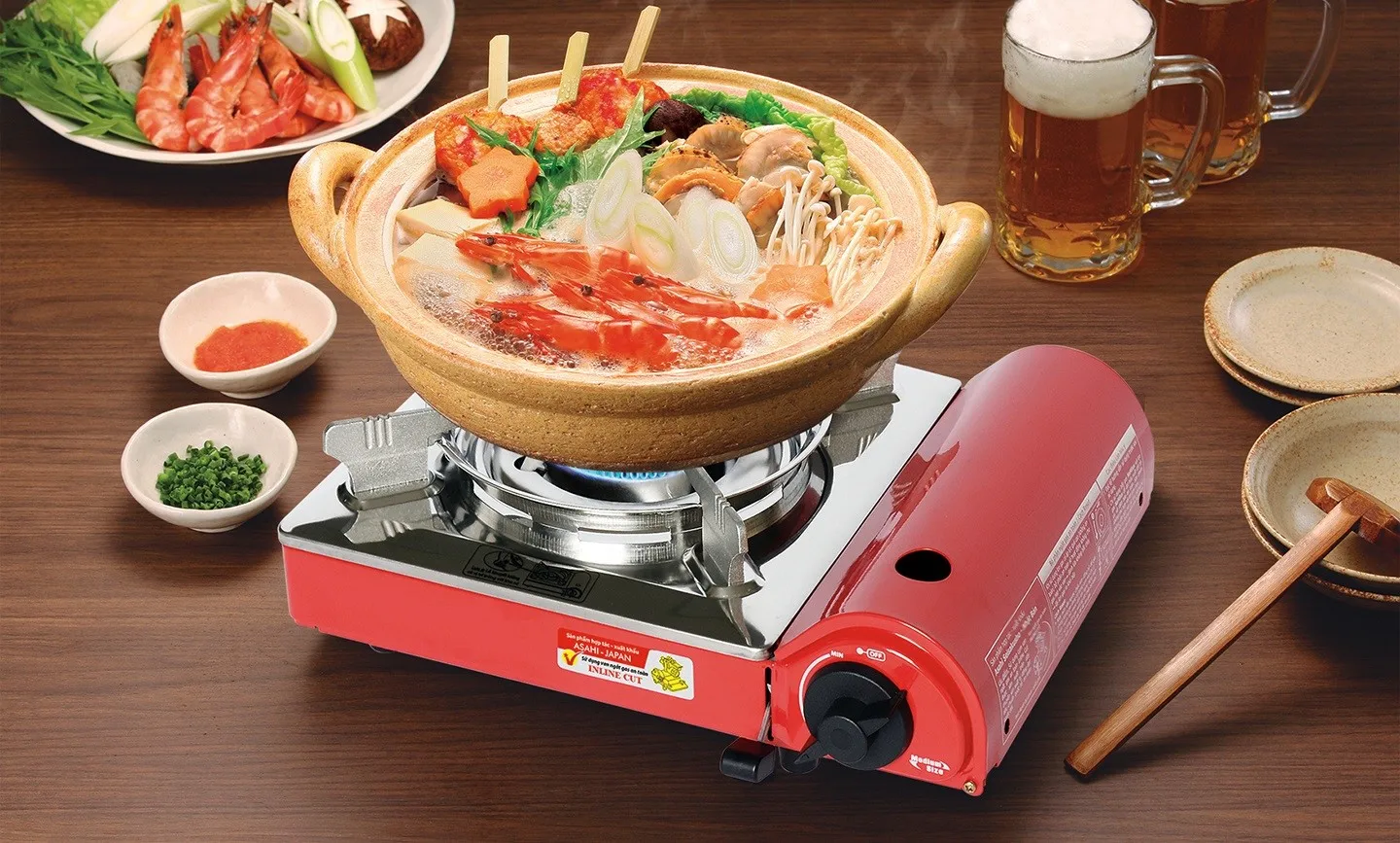 
PORTABLE GAS STOVE MODEL TL-182 (Stainless steel soup tray & cartridge cover) / Butane gas stove / Anti explosion safety device 