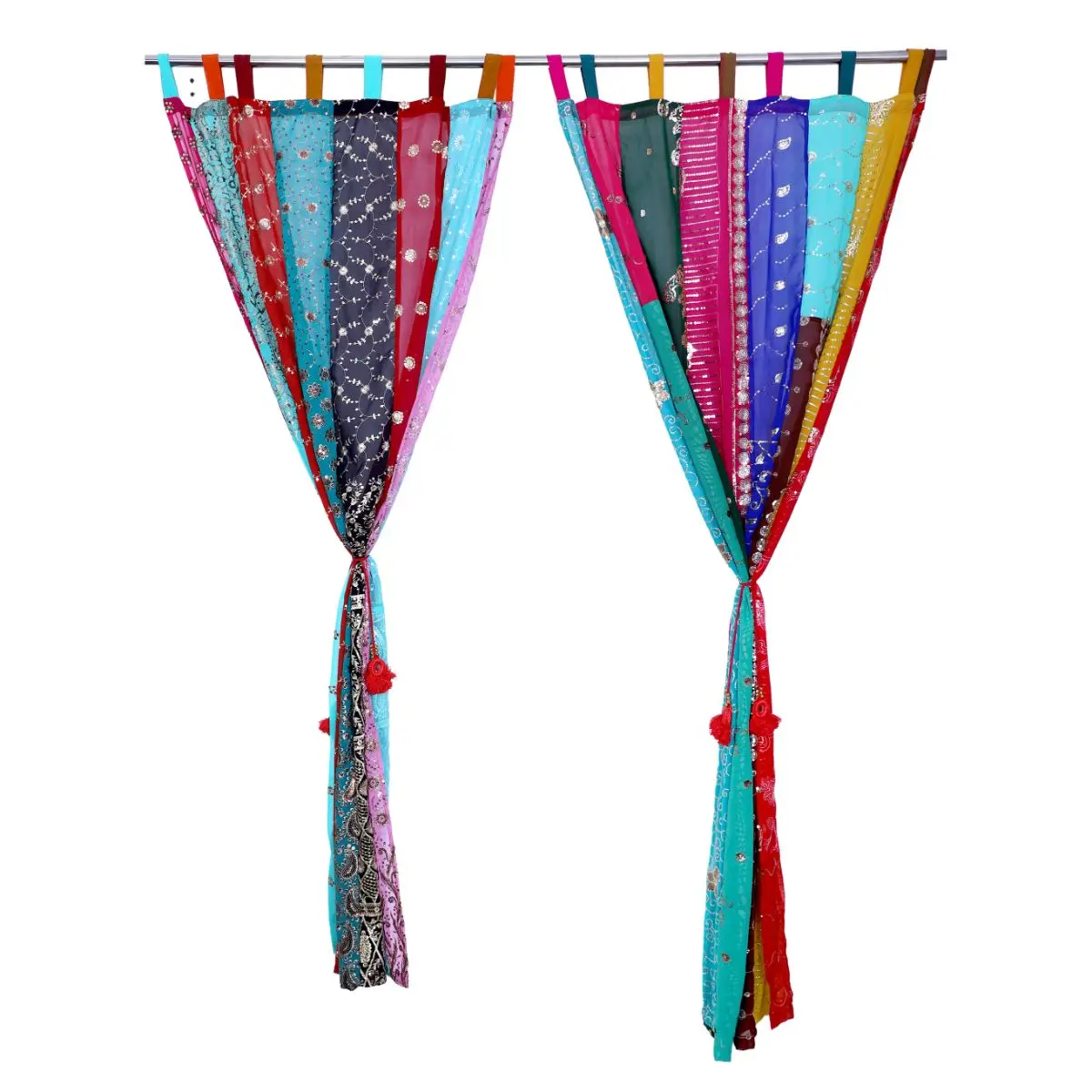 2 PC Vintage Curtain Indian Old Sari Patchwork Drape Window Decor Silk Curtain Valances Set