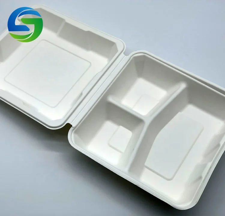 8*8 inch Green Olive 3 compartment divided food container lunch box  disposable biodegradable bagasse sugarcane container