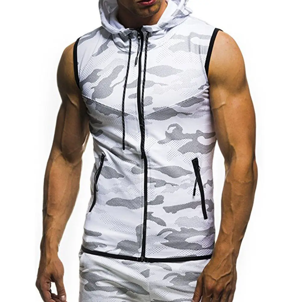 Camo Sleeveless Custom Hoodie For Men Zipper-up Hoodie