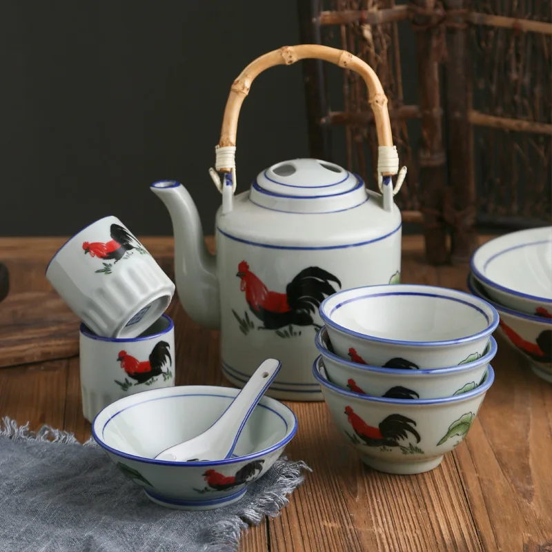 Jade-cer Vintage Hand-painted Cock Design Ceramic Dinnerware Set Porcelain Bowls Dishes & Plates