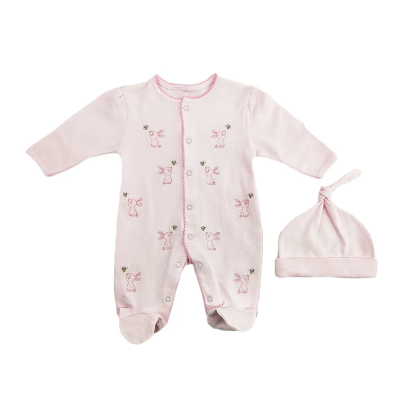 2021 Factory Sell Interlock 100% cotton  Easy wear and off Cute 2 Pieces embroidery Set  Baby Girl Cloth & Hat