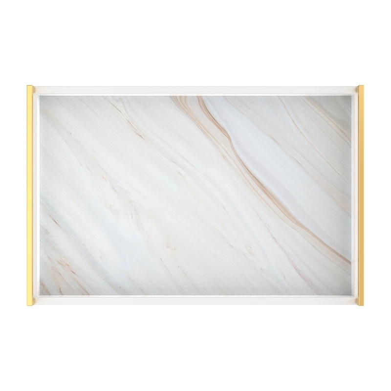 Elegant Fashion Classic Modern Style Rectangular White Marble Lacquer Home Decoration Wooden Tray  With High-end Metal Handle