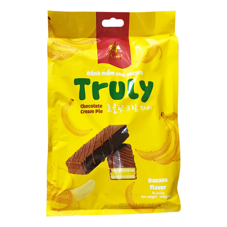 Best Selling Vietnam Leading Confectionery Manufacturer Chocolate Long Pie with Banana Marshmallow 300gr bag