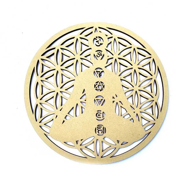 Round Wooden MDF laser Etched Yoga Man with 7 Chakra in Body and Flower Of Life Spiritual Religious Design Sacred Geometry