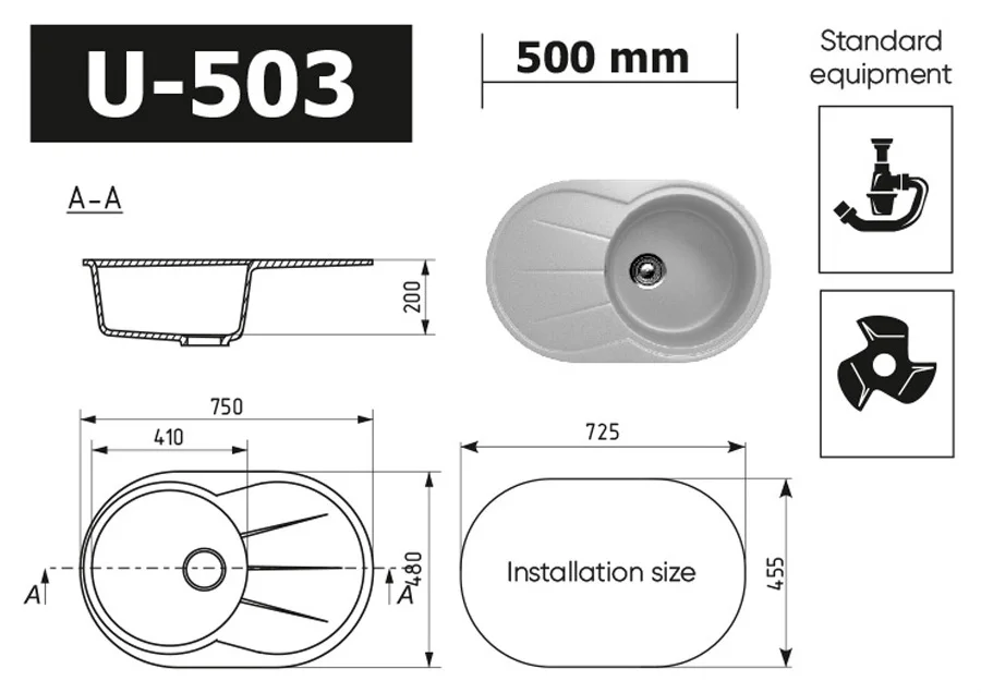 Oval single bowl composite kitchen sink ULGRAN U-503 one-section reversible, sink kitchen double basin stone kitchen sink
