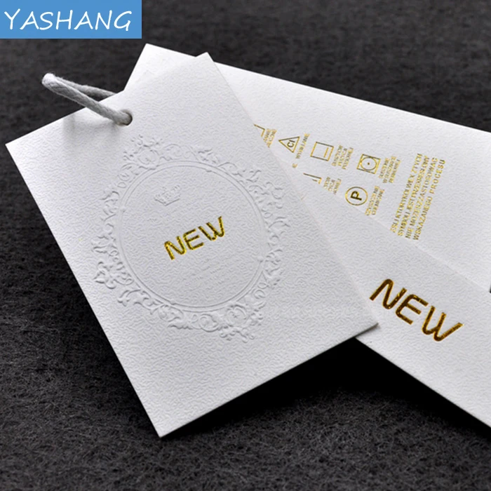 Gold stamping white paper tag elastic loops with hang tag black blind letterpress printing