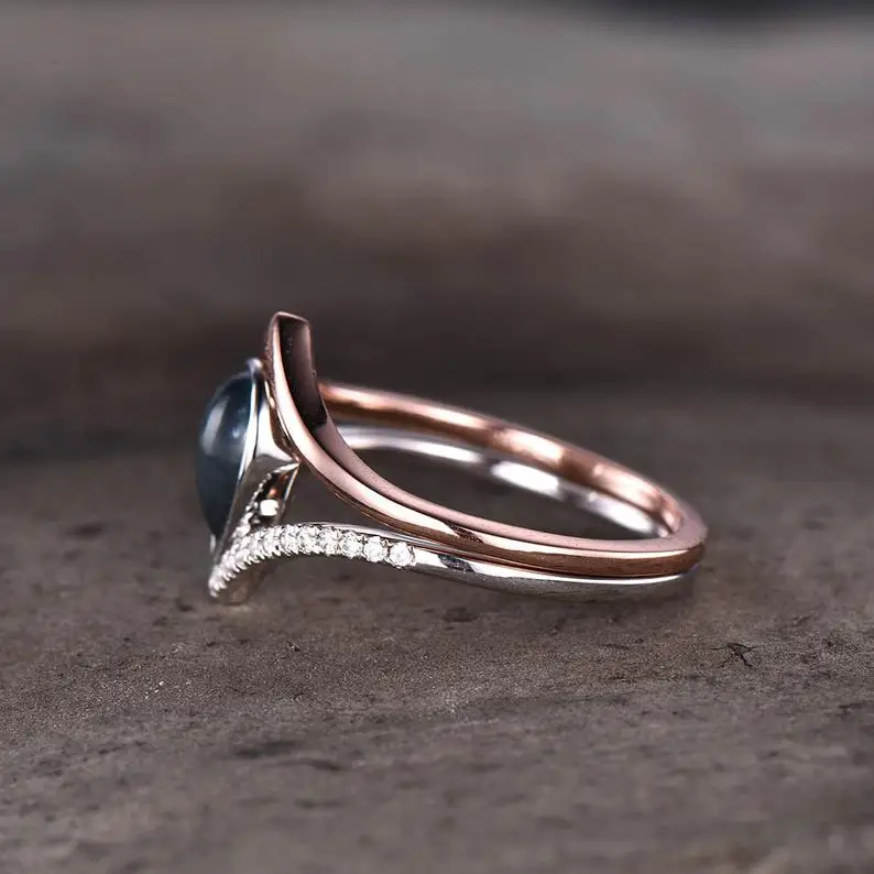 London Blue Topaz Engagement Ring Unique Wedding Set November Birthstone Band 925 Sterling Silver Hand made Jewelry