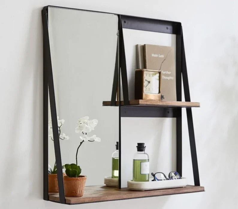 Metal Framed Wooden Shelf Wall Vanity Bedroom Wall Mirror