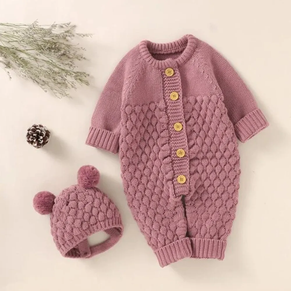 New Born Raglan Sleeve Single Breasted Knit 100% Acrylic Jumpsuit With Pompom Patched Hat Winter Baby Rompers