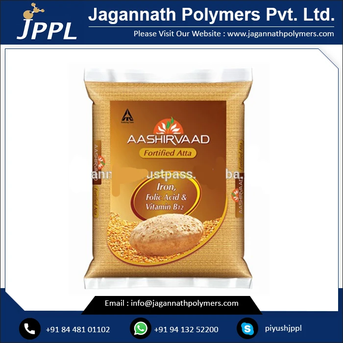 Custom Printed Rotogravure Printing 2 Layer Laminated Milky White Colour High Strength Upto 10 Kg Flour Pouches